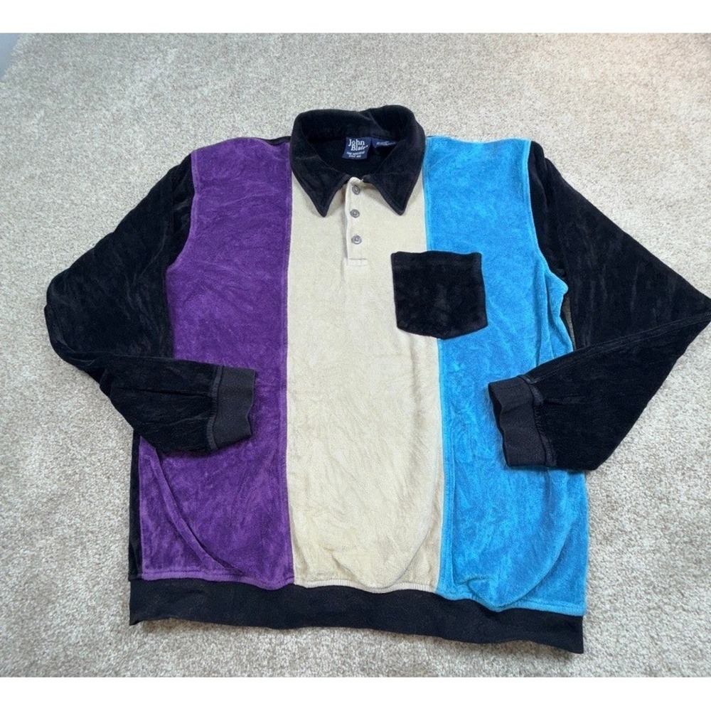 Vintage John Blair Colorblock Velour Long Sleeve Polo Shirt Multicolor Medium